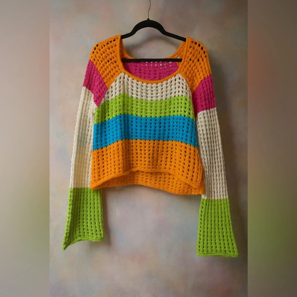 🌈 Y2K Colorblock Crochet Sweater Wild Fable M | Festival Knit Top - Picture 1 of 12